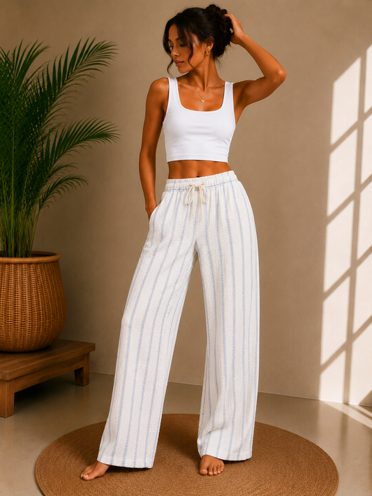 Sky Blue Stripe Relaxed Wide-Leg Lounge Pants