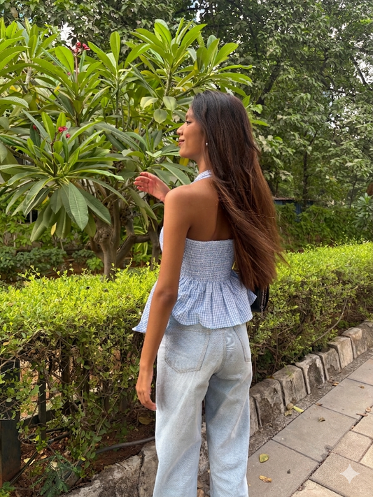 Gingham Check Halter Neck Peplum Short Kurti