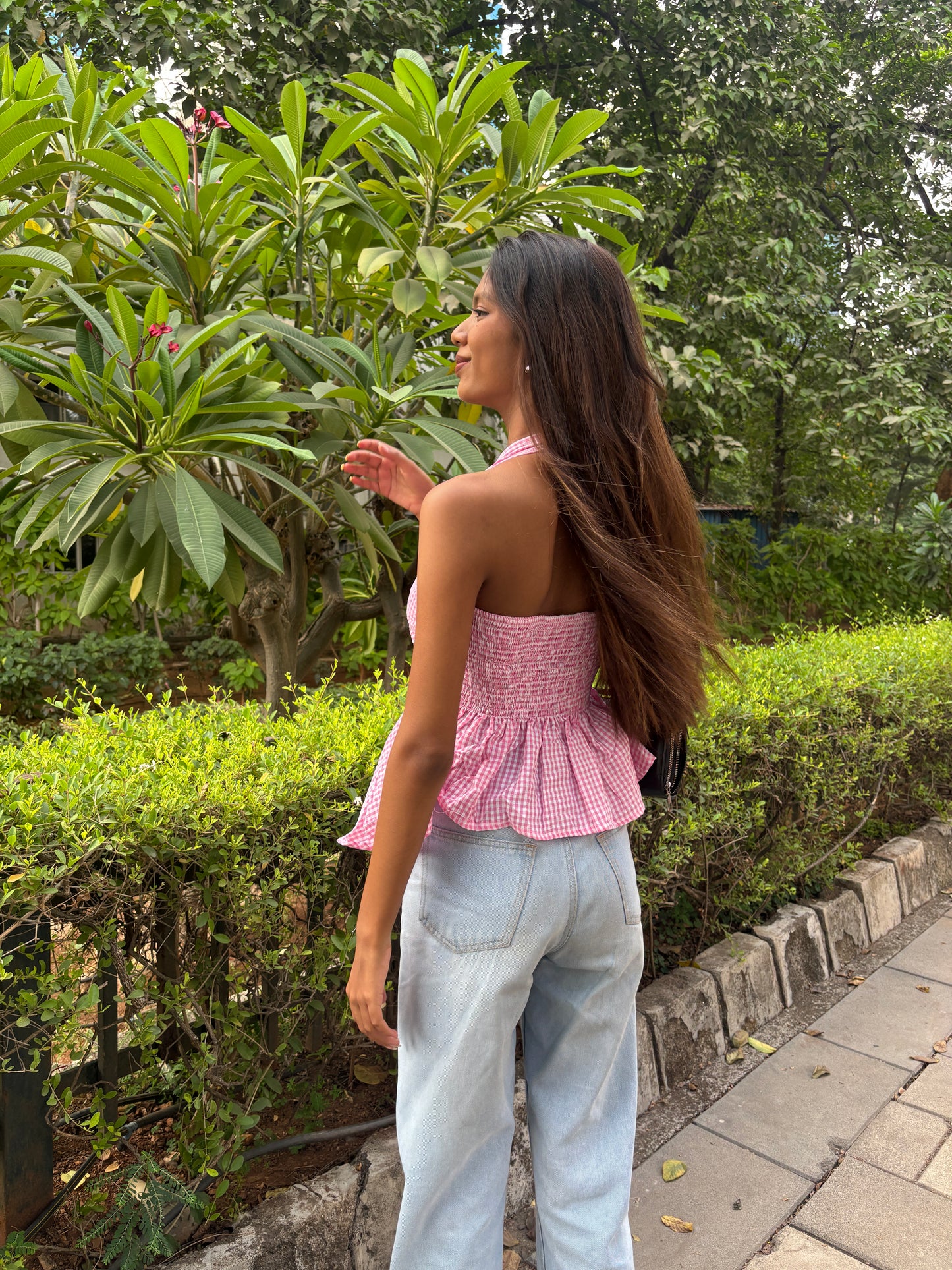 Gingham Check Halter Neck Peplum Short Kurti