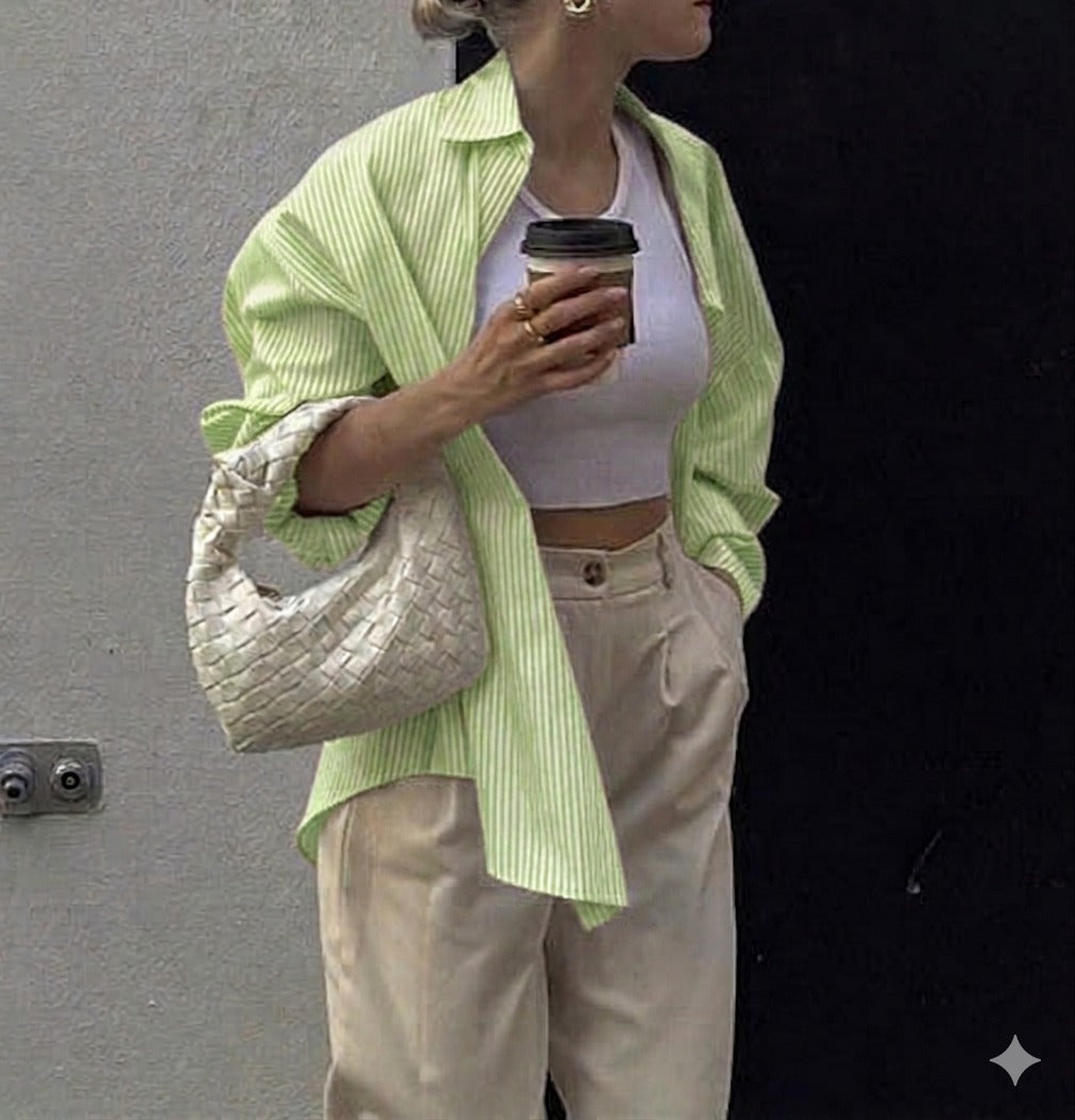 Relaxed Striped Casual Shirt Green