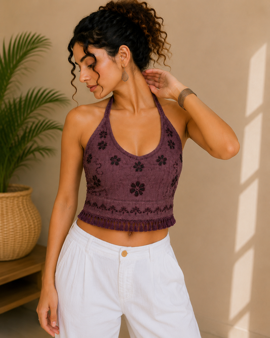 Plum Purple Floral Embroidered Halter Top