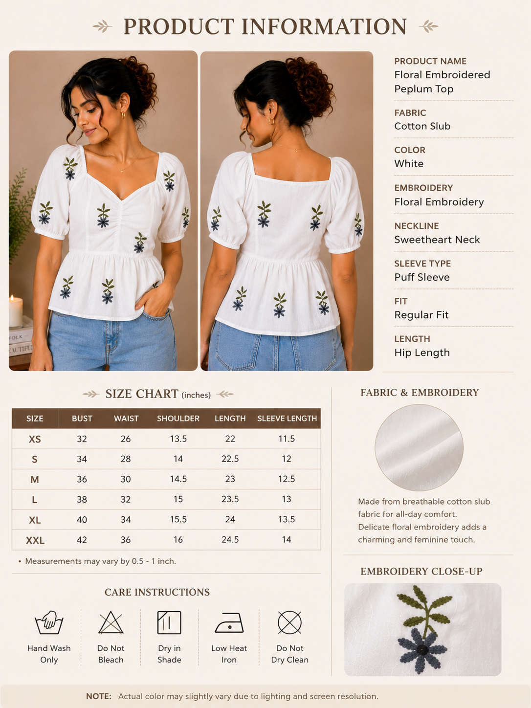 White Top With Olive Green Floral Embroidered Peplum Top for Women