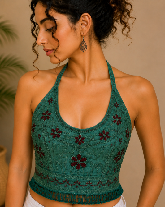 Teal Floral Embroidered Halter Top