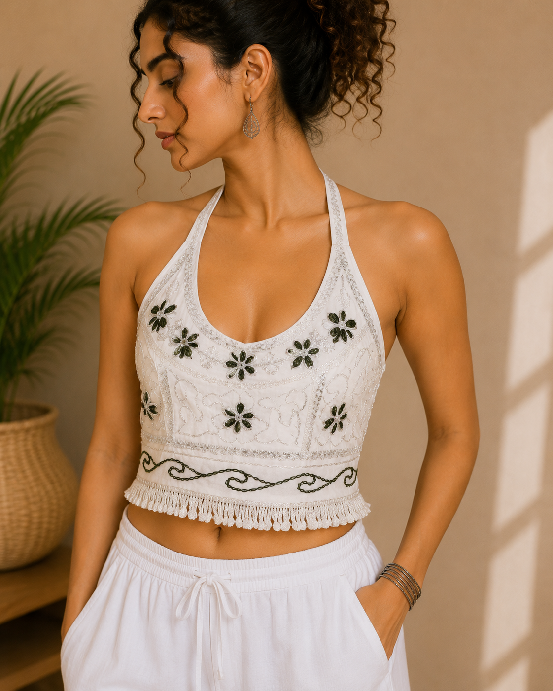 Floral Embroidered Halter Top White