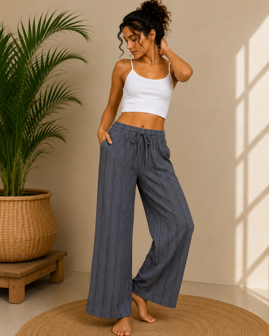 Grey Pants With Black Stripe Relaxed Wide-Leg Lounge Pants