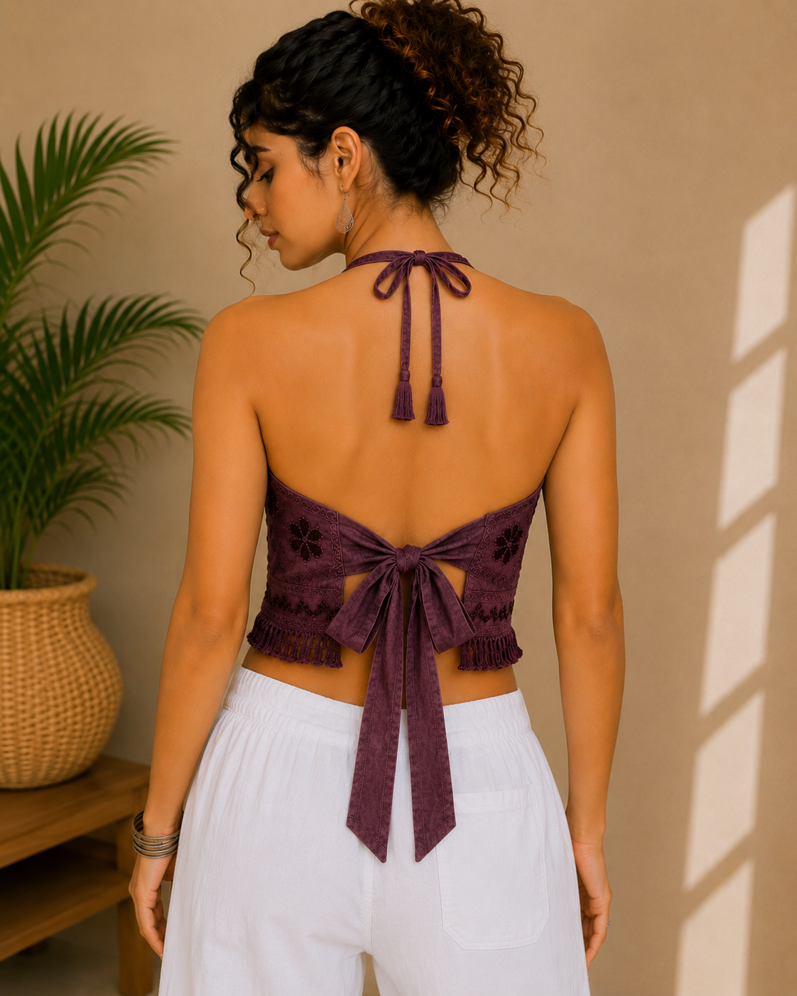 Plum Purple Floral Embroidered Halter Top