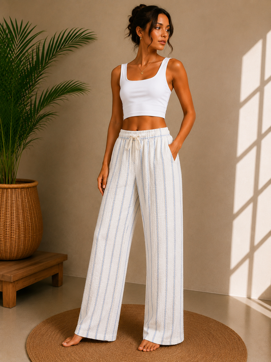 Sky Blue Stripe Relaxed Wide-Leg Lounge Pants