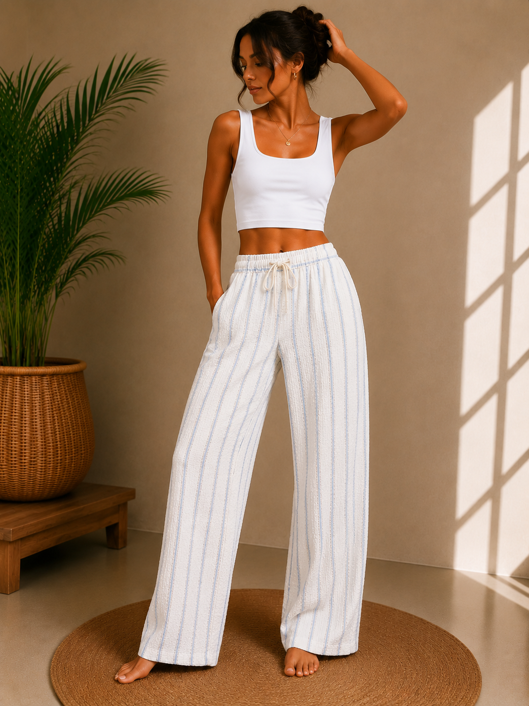Sky Blue Stripe Relaxed Wide-Leg Lounge Pants