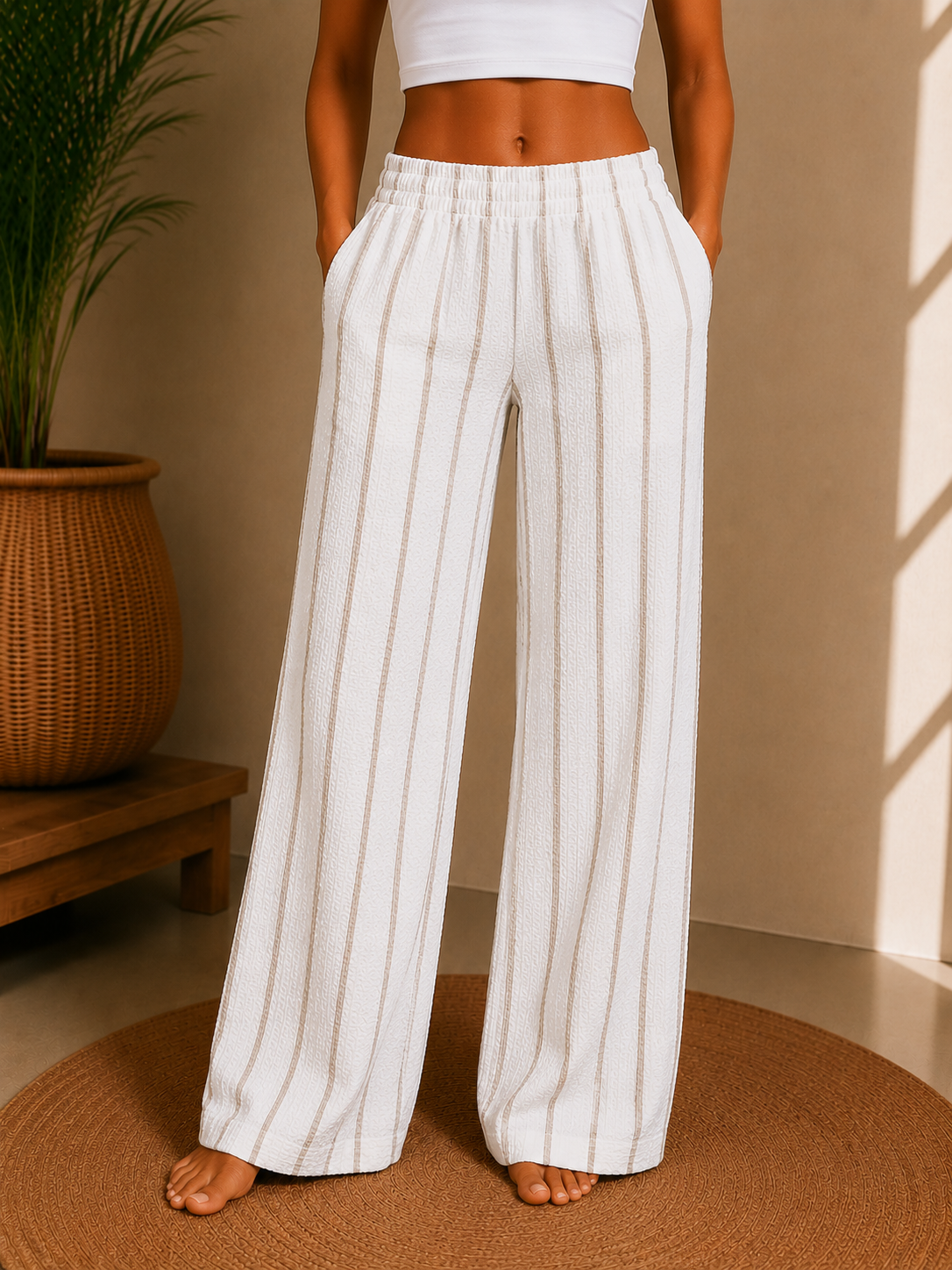 Brown Stripe Relaxed Wide-Leg Lounge Pants
