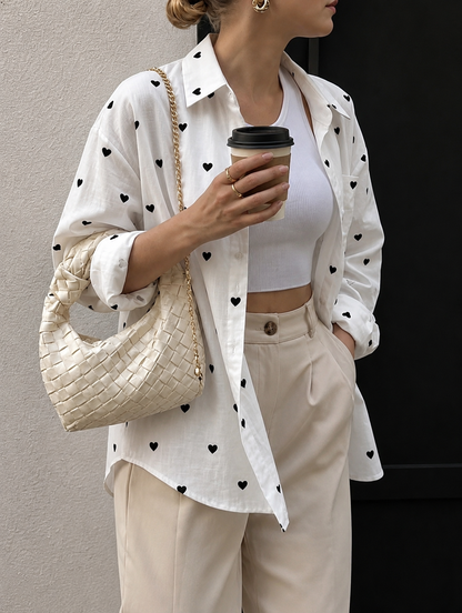Women's Cotton Shirt with Black Hearts.