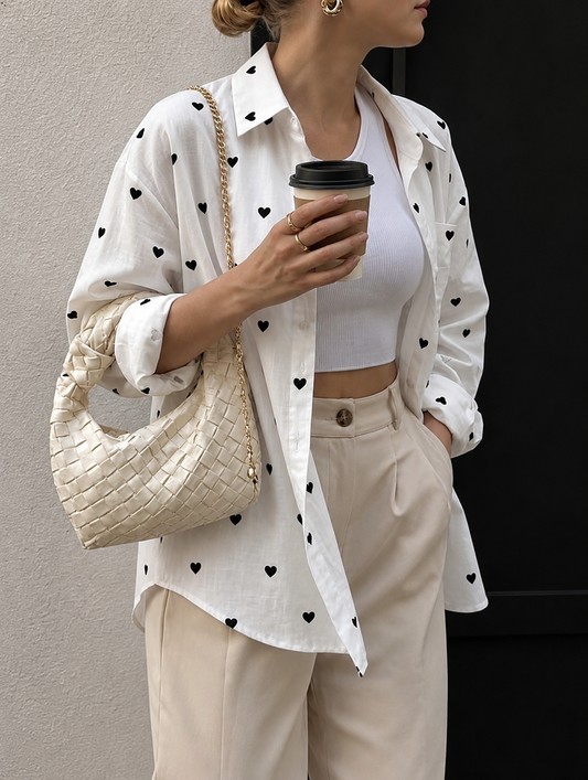 Women's Cotton Shirt with Black Hearts.