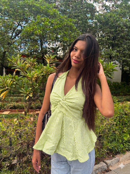 Gingham Check Halter Neck Peplum Short Kurti