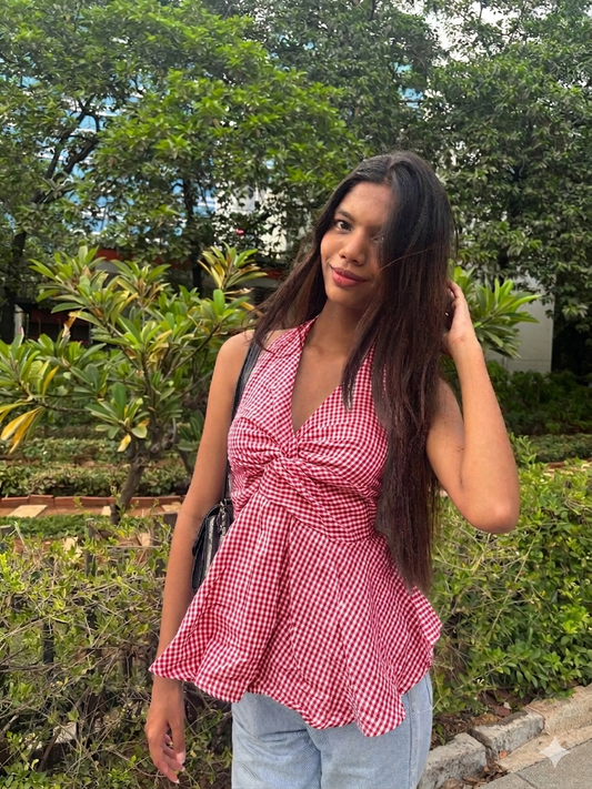 Gingham Check Halter Neck Peplum Short Kurti