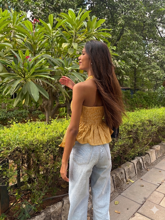 Gingham Check Halter Neck Peplum Short Kurti