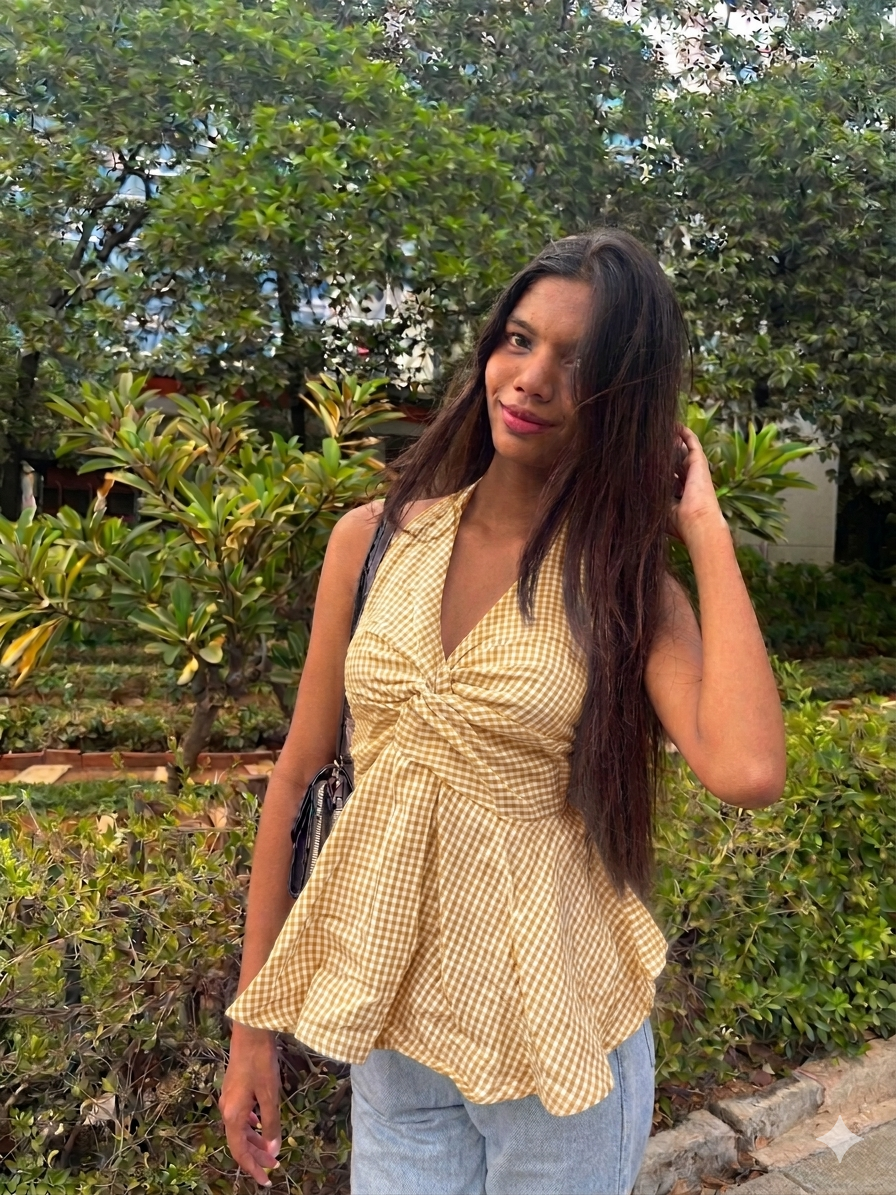 Gingham Check Halter Neck Peplum Short Kurti