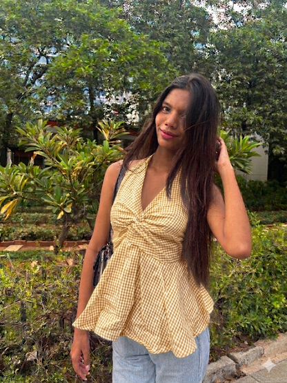 Gingham Check Halter Neck Peplum Short Kurti