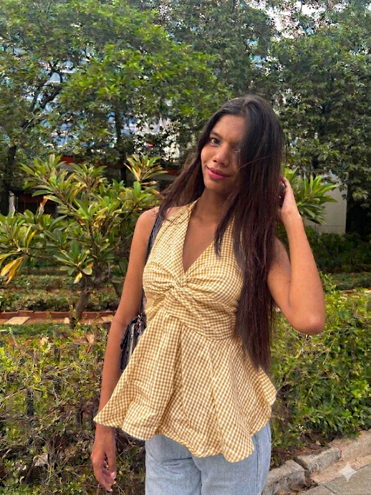 Gingham Check Halter Neck Peplum Short Kurti