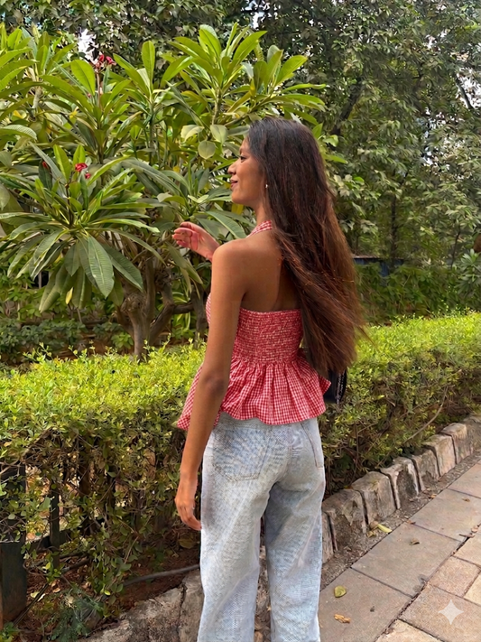 Gingham Check Halter Neck Peplum Short Kurti