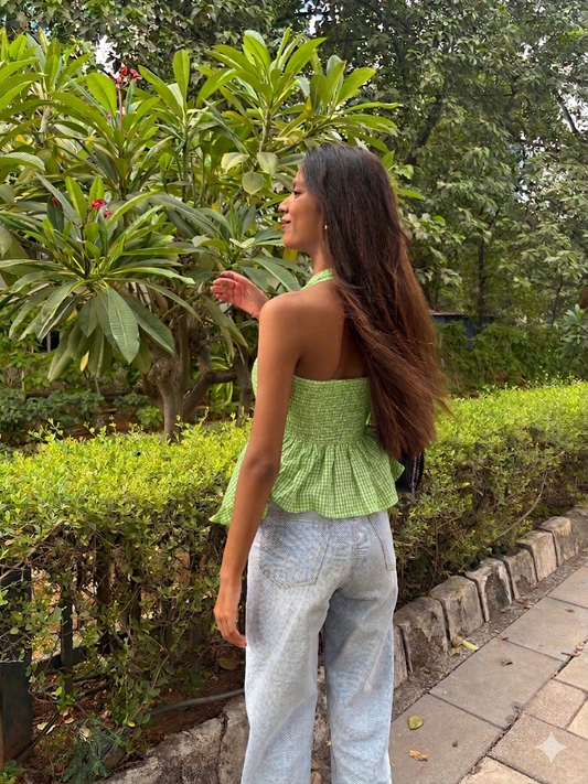 Gingham Check Halter Neck Peplum Short Kurti