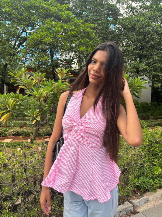 Gingham Check Halter Neck Peplum Short Kurti