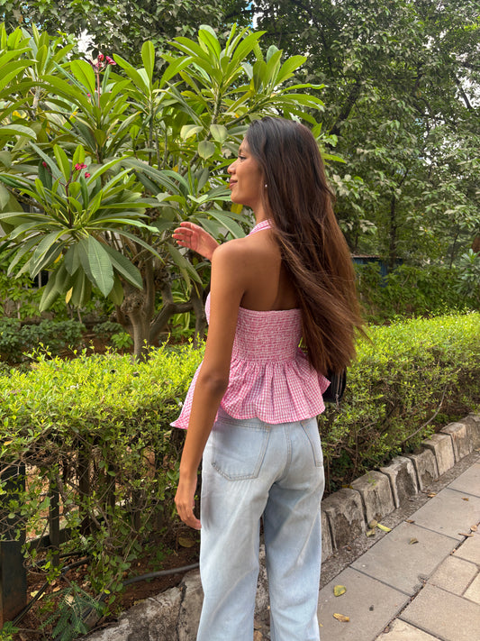 Gingham Check Halter Neck Peplum Short Kurti