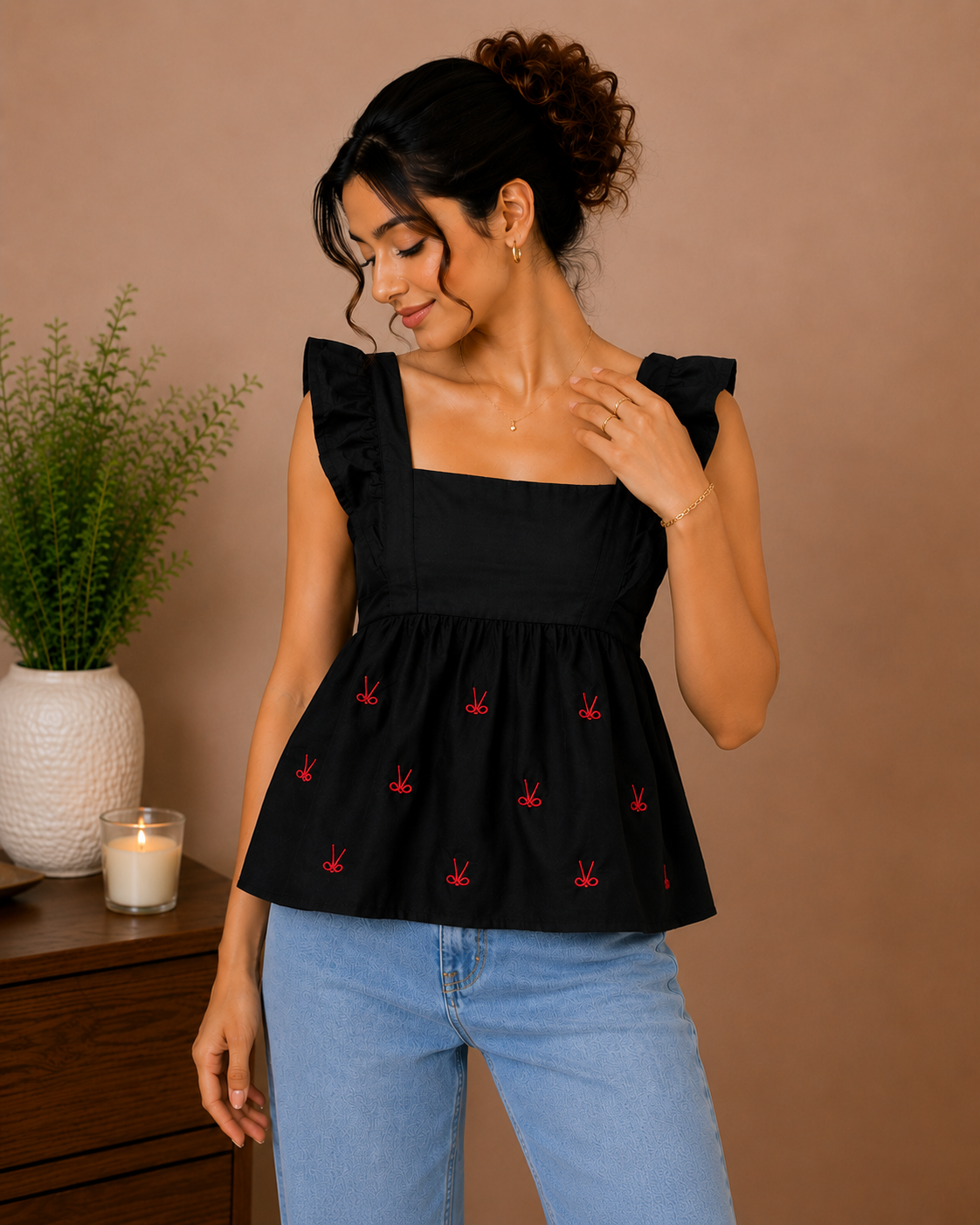 Black Embroidered Peplum Top