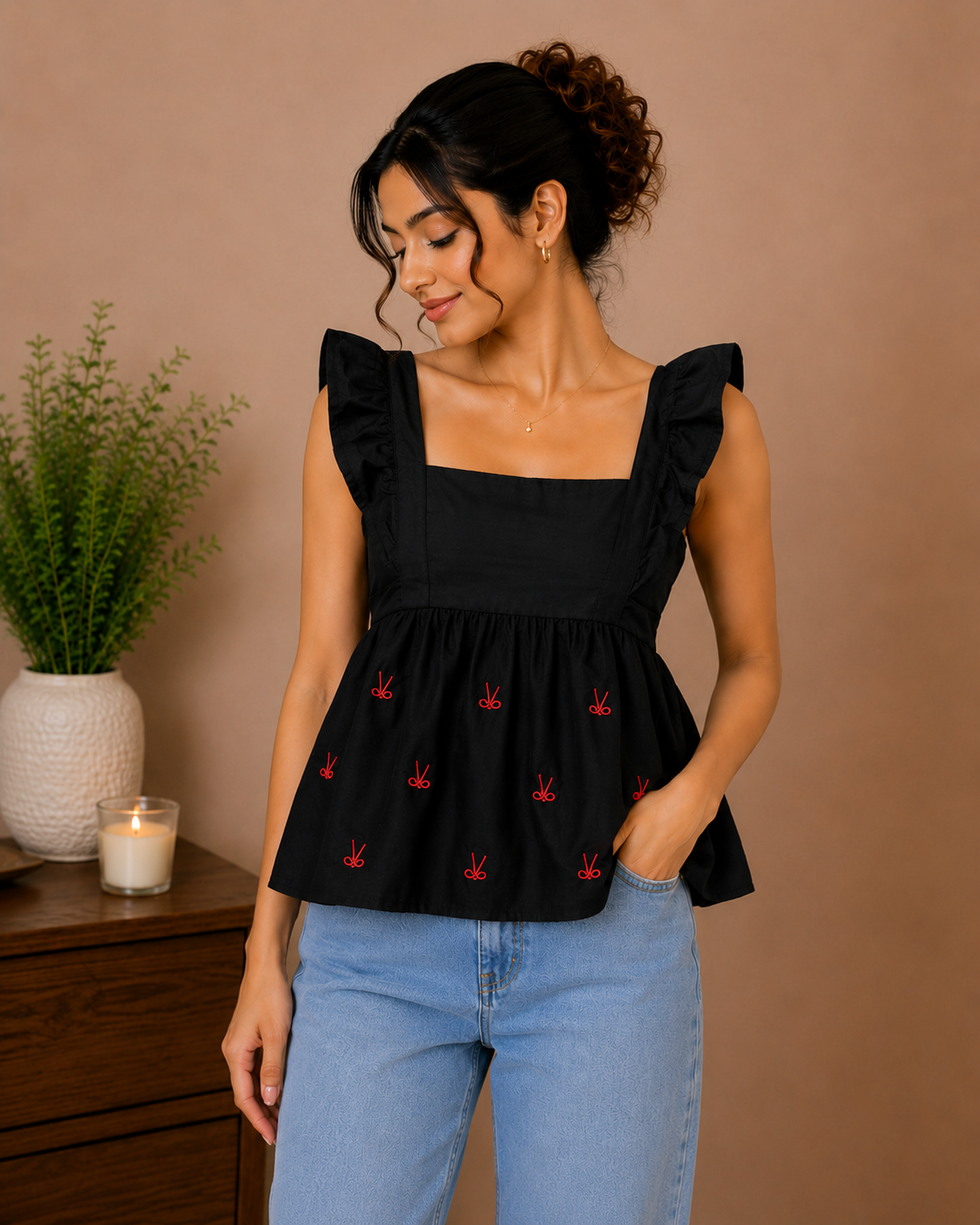 Black Embroidered Peplum Top