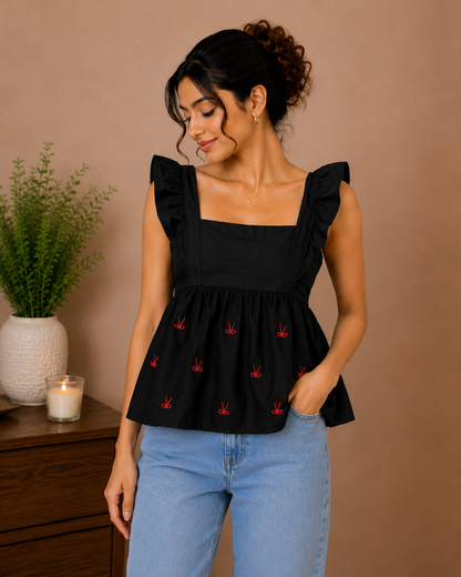 Black Embroidered Peplum Top
