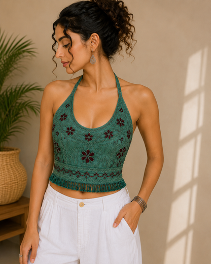 Teal Floral Embroidered Halter Top