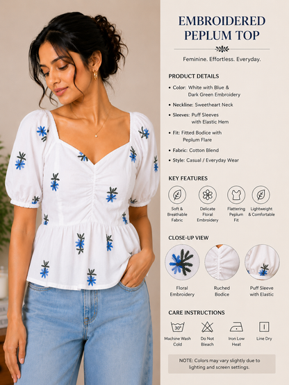 White Top With Blue Floral Embroidered Peplum Top