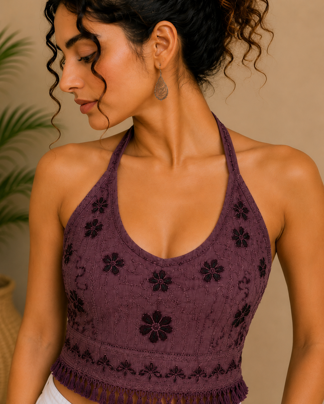 Plum Purple Floral Embroidered Halter Top