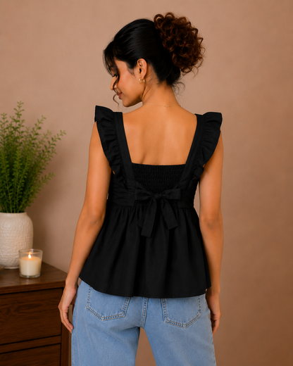 Black Embroidered Peplum Top