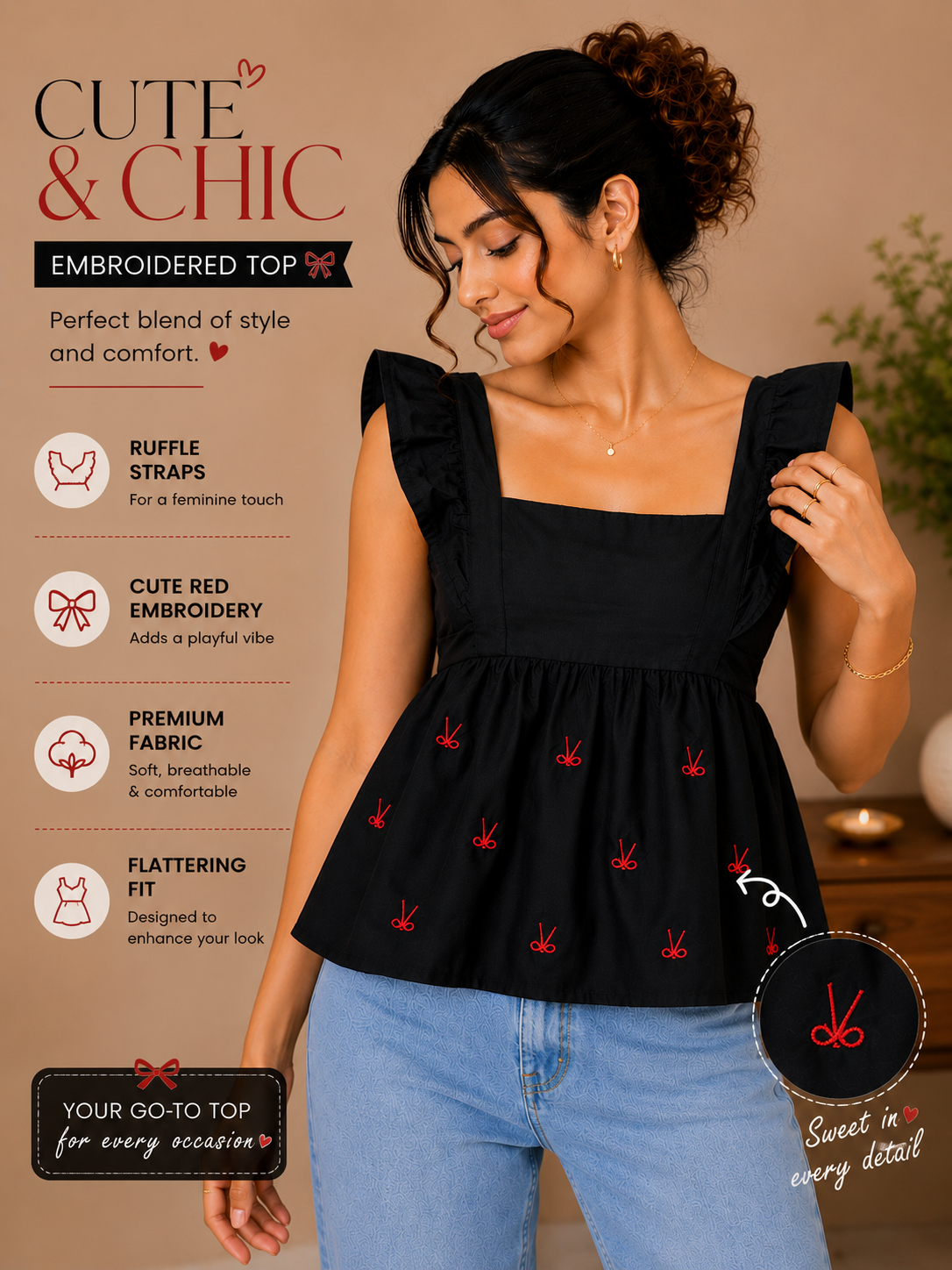 Black Embroidered Peplum Top
