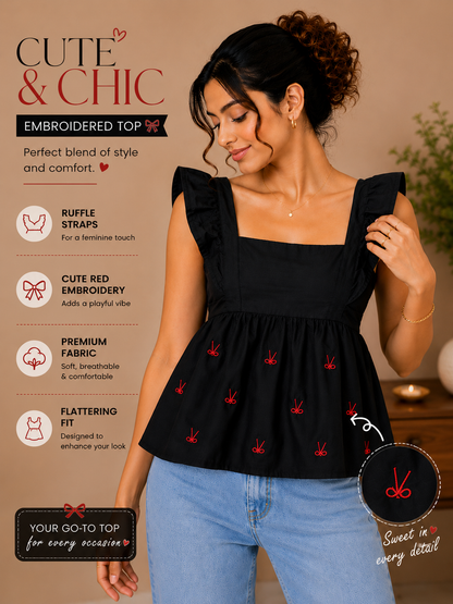 Black Embroidered Peplum Top