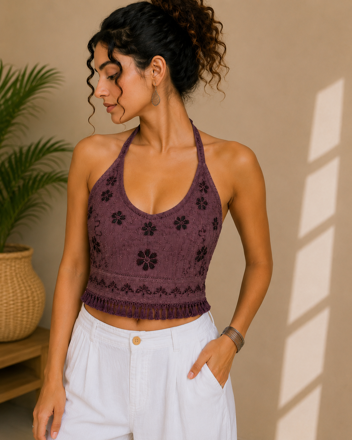 Plum Purple Floral Embroidered Halter Top