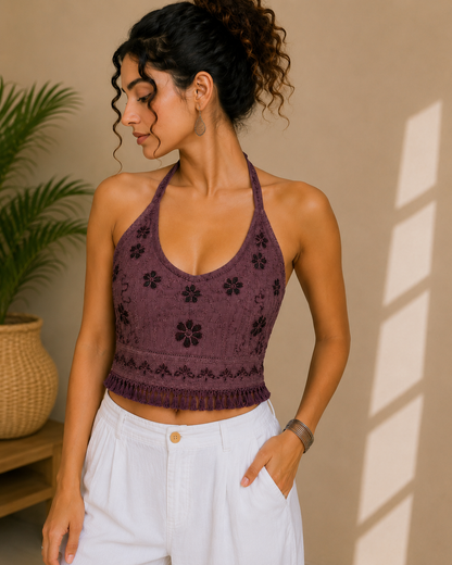 Plum Purple Floral Embroidered Halter Top