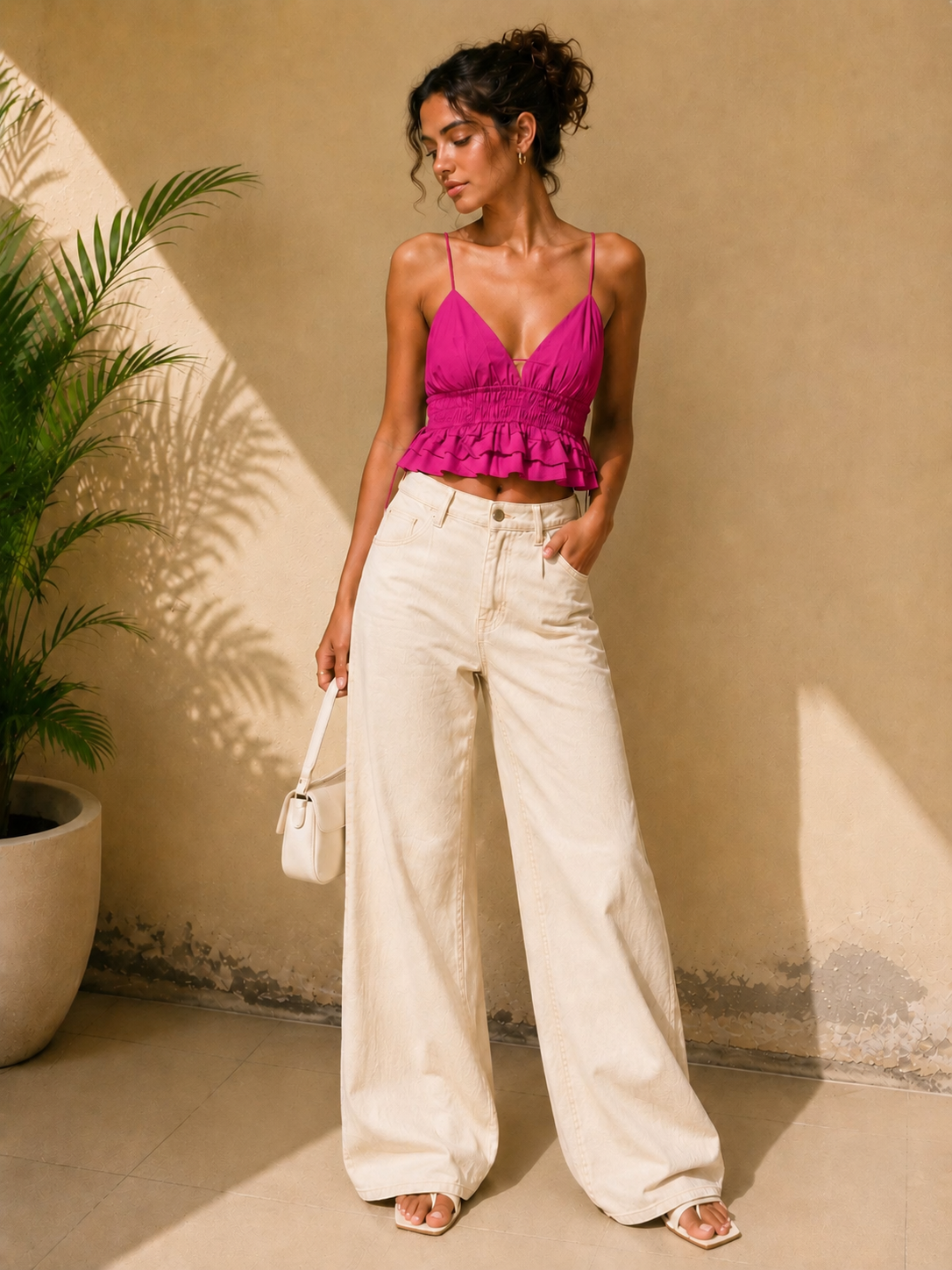Ruffle Crop Top Dark Pink
