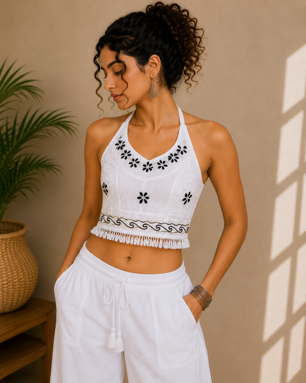 Floral Embroidered Halter Top White