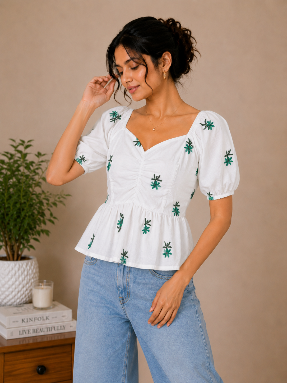 White Top With Green Floral Embroidered Peplum Top for Women