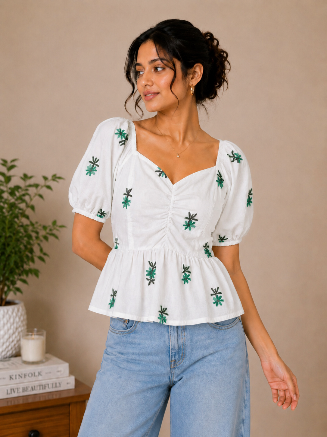 White Top With Green Floral Embroidered Peplum Top for Women