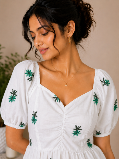 White Top With Green Floral Embroidered Peplum Top for Women
