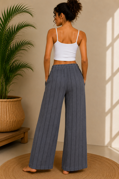 Grey Pants With Black Stripe Relaxed Wide-Leg Lounge Pants