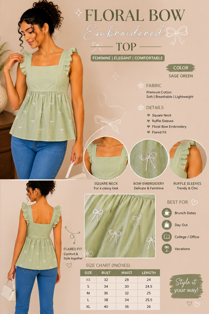 Floral Bow Embroidered Peplum Top