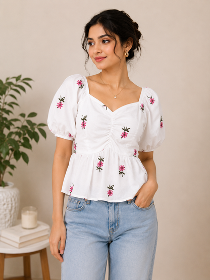 White Floral Embroidered Peplum Top