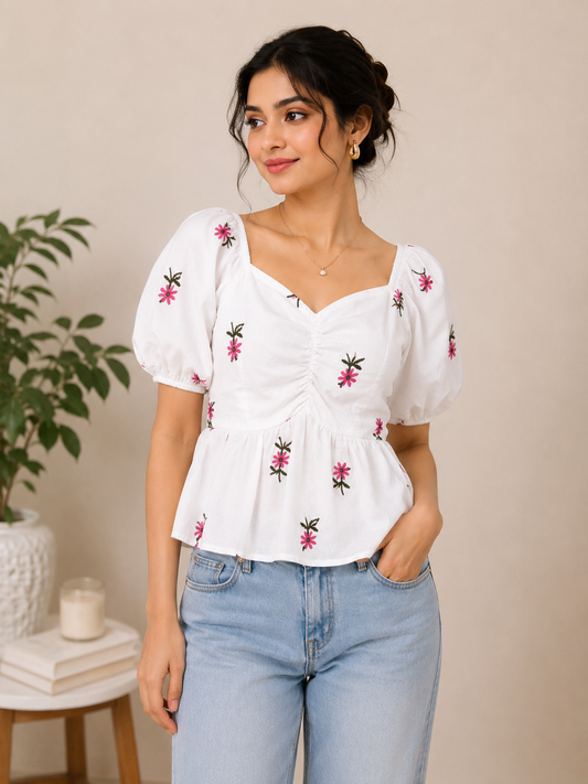 White Floral Embroidered Peplum Top