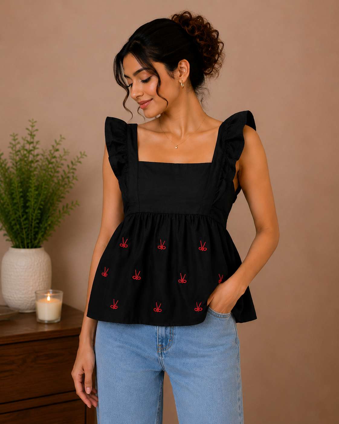 Black Embroidered Peplum Top