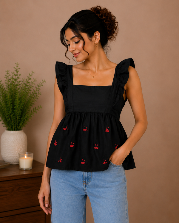 Black Embroidered Peplum Top
