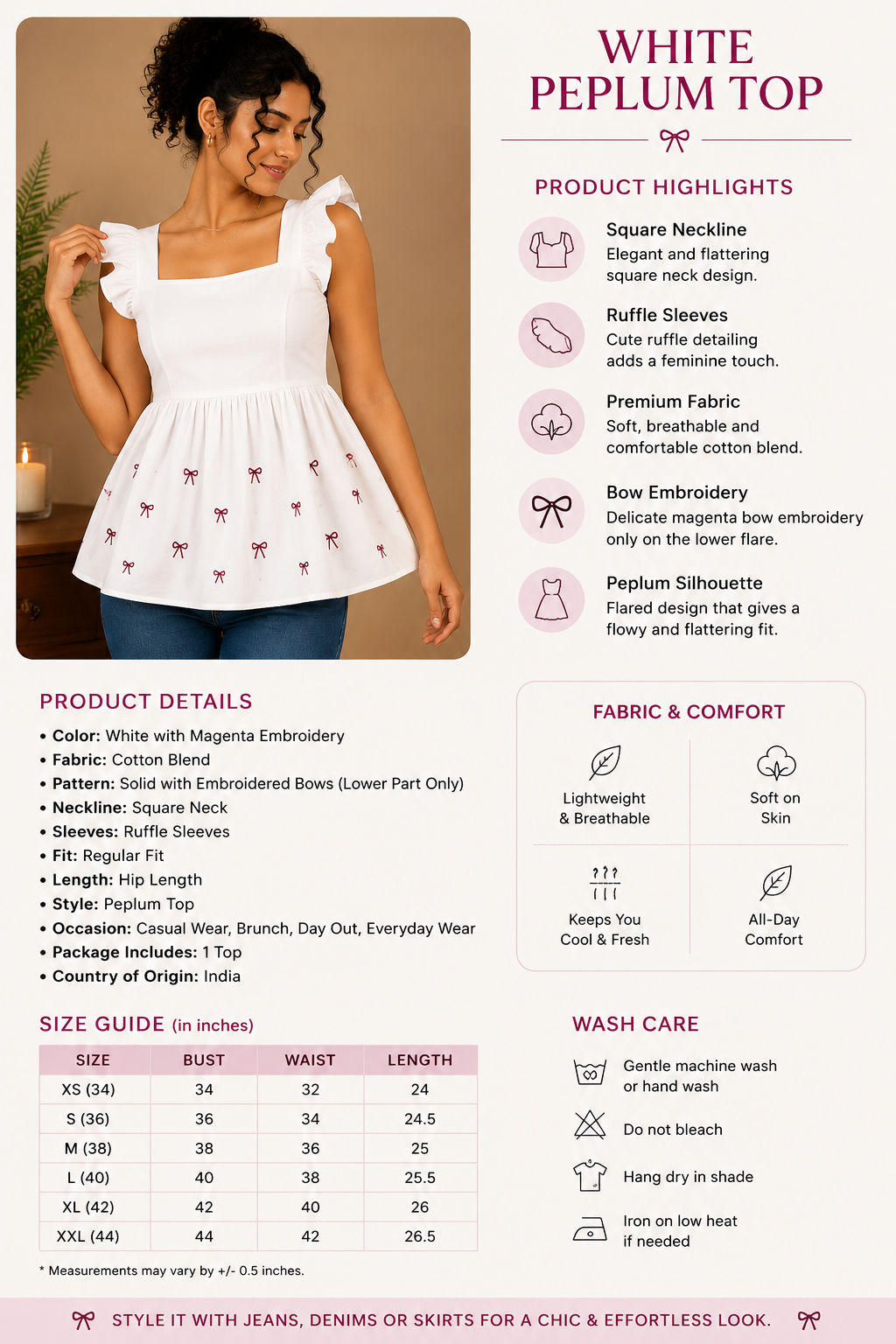 Floral Bow White Embroidered Peplum Top