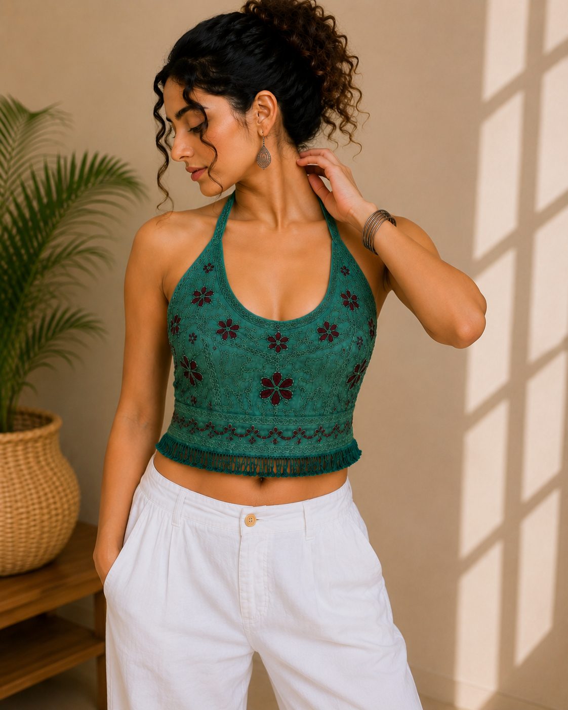Teal Floral Embroidered Halter Top