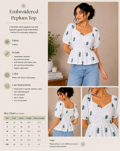 White Top With Green Floral Embroidered Peplum Top for Women